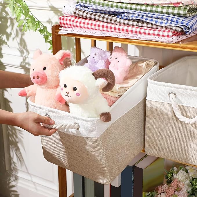 meekoo 8 Pack Collapsible Storage Bins Fabric Storage Bins Polyester Fabric Baskets with Handles Linen Closet Organizer for Shelf Home Closet Towels Toys(11 x 11 x 11 in,Beige)