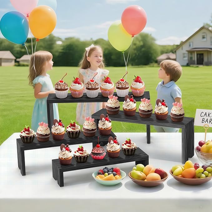 Large 2 Set wood tone Wooden Tiered Display Stands 4 Tier Stackable Pine Wood Display Risers, Suitable for Vendor Events, Cupcake Stands, cake stand Wooden Dessert Table Sets, Vendor Booth Displays,Cosmetic & Perfume Display Tools, Kitchen Spice Storag...