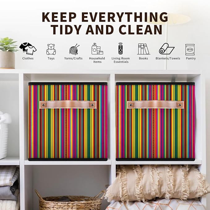 Mexican Stripes Closet Storage Bin, Foldable Storage Baskets for Shelves, Decorative Shelf Organizer Colorful Vertical Line Fabric Cube Bin for Living Room Bedroom Home Dorm