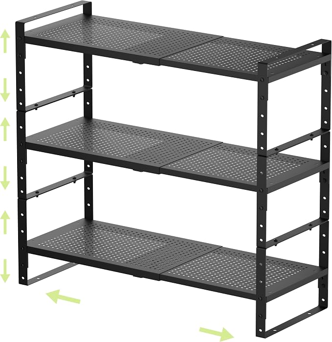 Expandable Shoe Rack Heavy-Duty Closet Organizer Adjustable Shelf Stackable Metal Framework for Entryway, Garage,RV,Pantry,Cabinet(Medium,3 Packs/Black)