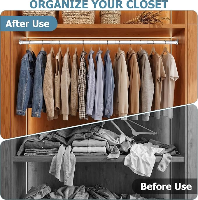 Heavy Duty Oval Closet Rod for Hanging Clothes, 51-70 Inch Adjustable Closet Rods, Premium Chrome