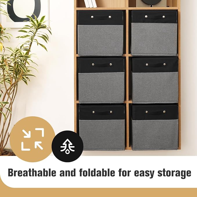 FinishingBo 13 x 13 Inch Fine Linen Storage Bins with Handles，Fabric Cube Boxs，Basket Organizers for Shelves for Home, Closet Drawers (Black/Gray-4 Pack)