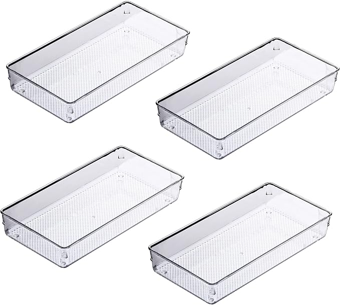 4Pack Large Size Clear Plastic Desk Drawer Dividers Drawer Organizer Wide Tray for Makeup,Kitchen Utensils,Jewelries and Gadgets 12’’x6’’