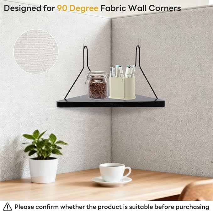 Fabric Wall Cubicle Corner Shelf with Hooks 11.8 Inch Wooden Triangular Cubicle Corner Shelf for Office Fabric Walls Display Storage Hanging Organizer for Work Decor Small Planter(Black，2 PCS)