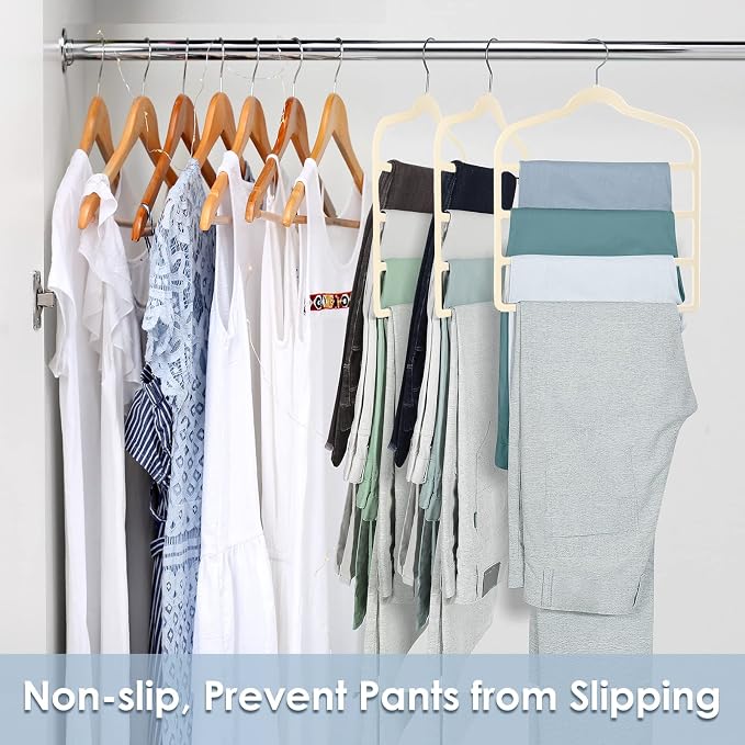 Velvet Hangers Space Saving Non Slip Pant Velvet Hangers, DUDUCOFU 6 Pack Beige Multi Layer Clothes Hangers Closet Organizer for Pants Trousers Scarf