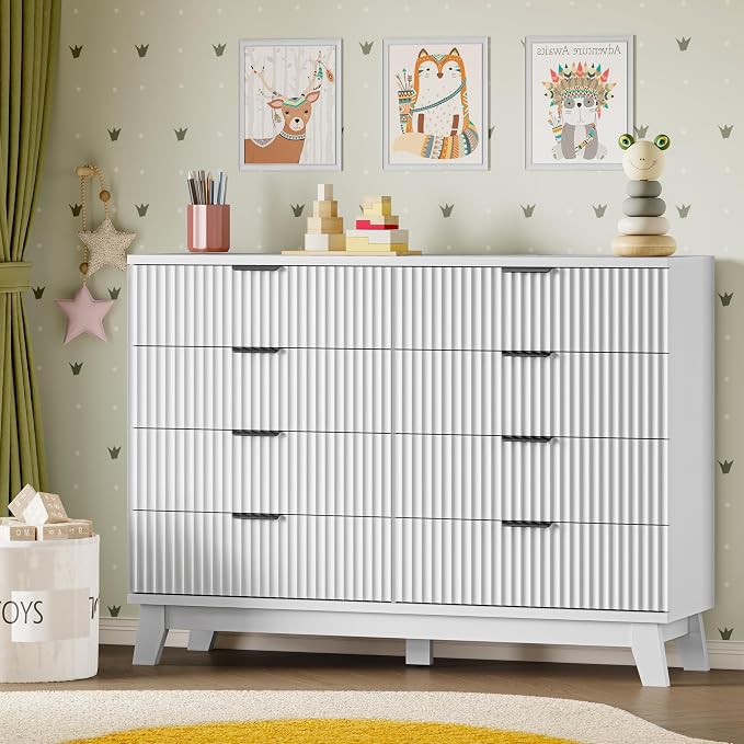 BORNOON 53" Wide Dresser for Bedroom, 8-Drawer Fluted Chest of Drawers, Modern Wood Highboy with Metal Slides and Handles, Anti-Tip Kit, Vertical Clothes Storage Organizer for Apartment, Closet