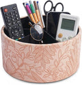 Remote Control Holder, 360°Spinning PU Leather Desk TV Remote Caddy,Desk Storage Box Room Accessories for Controller, Media,Mail,Calculator, Mobile Phone,Pencil(1-Carved Pink)