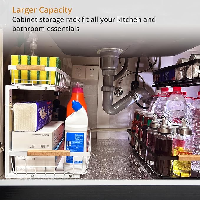 Under Sink Organizer 2 Pack, 2 Tier Pull Out Cabinet Organizers and Storage for Kitchen Bathroom Pantry Laundry, Adjustable Height, Slide Out Thickened Metal Storage Shelf (Black, 2 Pack)