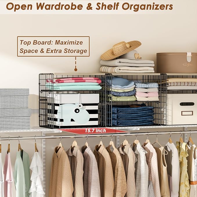 4-Tier Widened Closet Organizers and Storage, Extra Long Stackable Closet Shelf Organizer with Adjustable Dividers and Wood Top, Large Closet Storage Basket for Clothes, Jeans, Wardrobe Organization