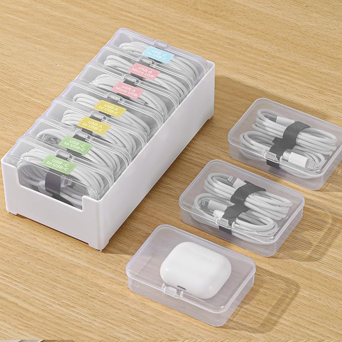 2 Pack Cable Organizer Box with 14 Clear Switch Case, Cable Straps and Label Stickers, Travel Cord Organizer for Charging Cables, USB Wires, Earphones – Drawer Organization for Home & Office