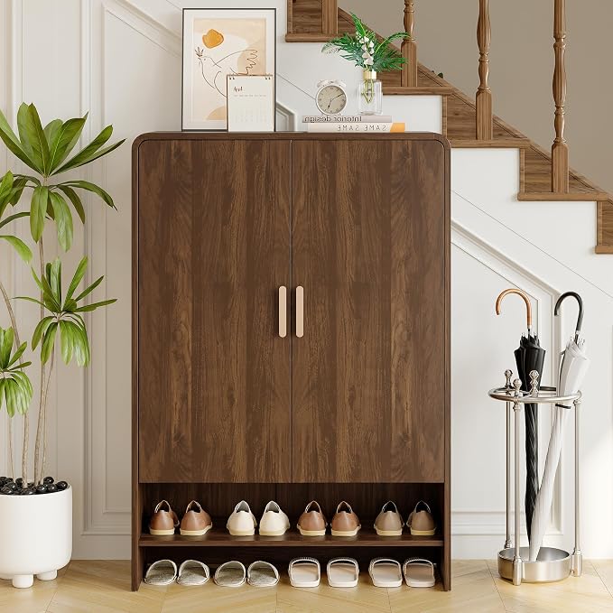 ONBRILL 6-Tier Shoe Storage Cabinet, 45'' Large Farmhouse Shoe Cabinet for Entryway, Modern Wooden Shoe Rack Organizer with Doors and Shelves, for Front Door Hallway (Walnut)