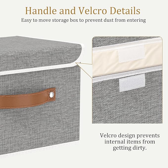 OUTBROS Collapsible Storage Cubes with Lid, Linen Fabric Wardrobe Baskets, Large Box For Towels, Clothes, 15 x 9.8 x 9.8 inch, Grey, 3-Pack