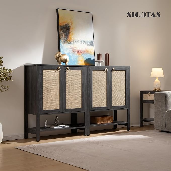 SICOTAS Rattan Shoe Storage Cabinet, 5 Tier Shoe Organizer with Doors and Shelves, 24 Pair Capacity Tall Farmhouse Boho Shoe Rack for Entryway Hallway Living Room Closet, Obsidian