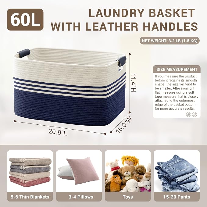 60L Woven Laundry Basket Hamper with Leather Handles,Navy | 21"x15"x11", collapsible wicker hamper, storage for dirty clothes, toys, blankets, gifts, living room, bedroom, bathroom