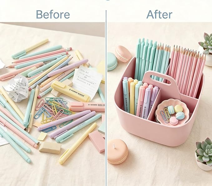 Stackable Portable Handheld Organiser,Multi-Purpose Desktop Divider Organiser Basket For Crafts Or School Supplies Desk,Office,Stationery Pencil Holder,Dorm Room(Pink)