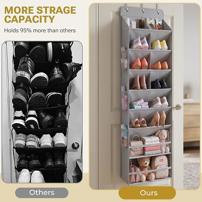 HOMELUX THEORY 8 Tier Hanging Shoe Organizer for Closet, Over the Door Shoe Organizer with Deep 120D Extra Thick Pockets, Shoe Rack for Closet & Entryway, with 6 Side Pockets for Boots (Blue)