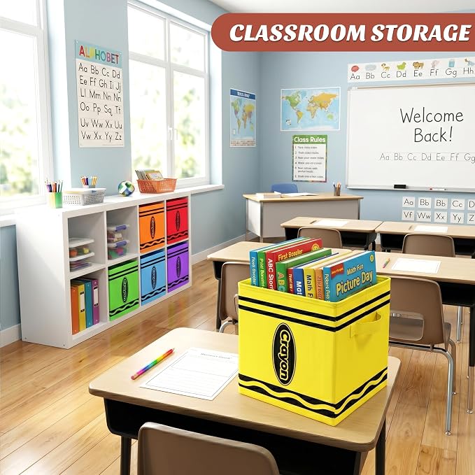 6 Pcs 11 Inch Fabric Storage Bins Classroom, Colorful Collapsible Cubby Organizer Baskets with Handles Classroom Must Have for Preschool Elementary Daycare (Crayon)