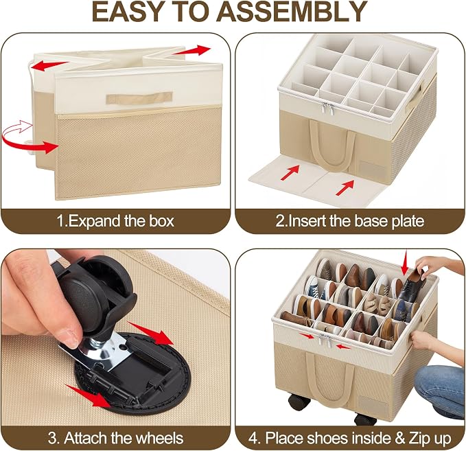 Large Shoe Organizer for Closet, 16 Pairs Shoe Storage Box with 360° Wheels & Reinforced Handles, Adjustable Dividers, Clear Cover, Side Pocket, Foldable Oxford Fabric Bin for Entryway, Beige