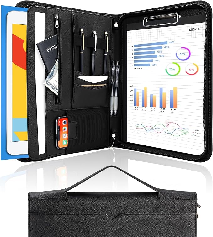 ProCase Portfolio Business Padfolio Folder with Handle and Zipper -Allblack | Conference Meeting Executive File Legal Document Organizer with Pockets Letter Size A7 Writing Pad Notepad Padfolio