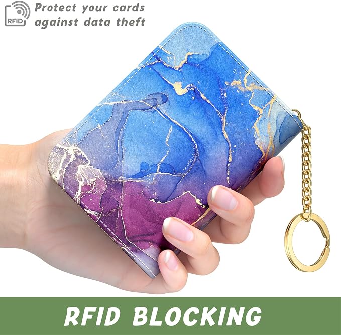 Aiawoxc Credit Card Holder for Women, Small RFID Wallet Slim Leather Card Organizer Case with Zipper and Keychain, Purple Marble