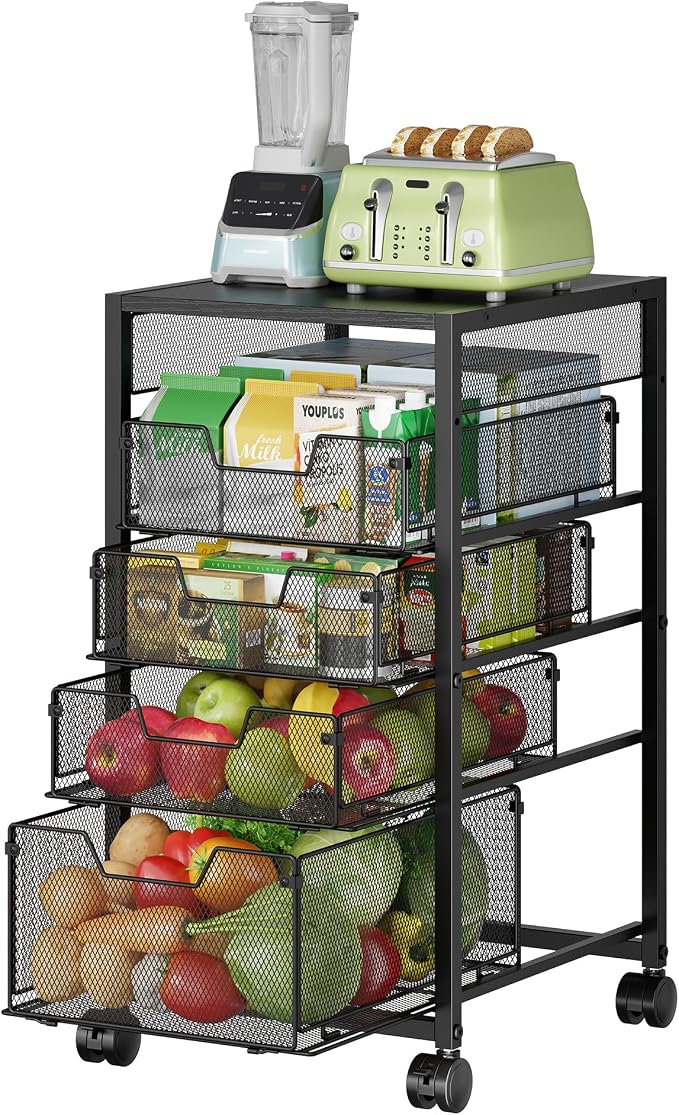 5-Tier Rolling Utility Cart with Adjustable Wood Top (Tabletop or Basket) | Metal Kitchen Storage Cart - Fruit Vegetable Storage Rack with Wheels & 4 Drawers,, Pantry Snack Cart for Cans, Craft, Art