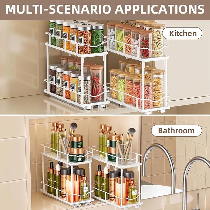 Bunoxea Pull Out Spice Rack 2 Pack,Slide Out Cabinet Spice Rack,White | 2-Tier Rack, Full Extension Ball Bearing Glides, 10.7"Dx4.8"Wx8.85"H, Kitchen Pantry,Narrow Cabinet Spice Storage Organizer