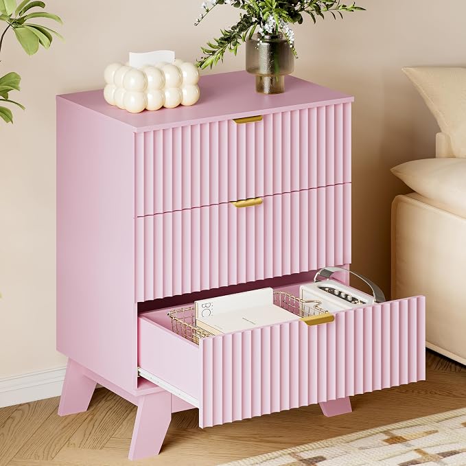 BORNOON Fluted 3 Drawer Dresser, 30.3" Tall Compact Modern Boho Chest of Drawers, Wooden Storage Cabinet for Bedroom, Living Room, Entryway, Curved Profile Design