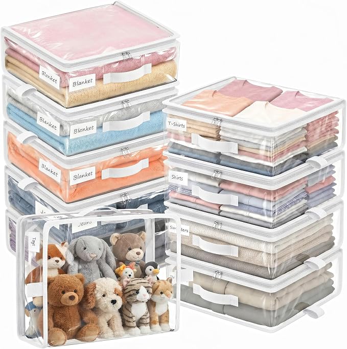 10 Pack Clear Storage Bags with Zipper Handle, Sheet Organizers and Storage | PVC Blanket Storage Bags, Foldable Under Bed Organizer for Baby Clothes Shoes Sweater Toy Bedding Sheet, 15.7x13.8x3.9’’