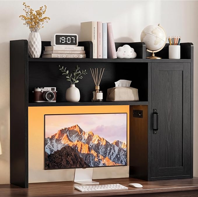 Desktop Storage Shelf, 37.4" Computer Desk Organizer 3-Tier Wood Desktop Storage Shelf Desk Hutch Dorm with RGB LED Light & Power Outlets for PC Gamers, Office, College Dorm Must Haves-Black
