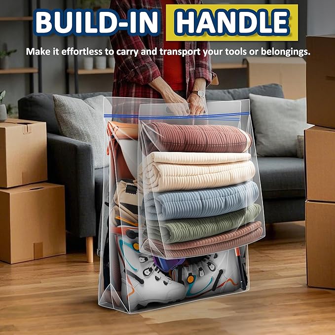 15 Gallon Large Resealable Storage Bags with Zipper Top，24" x 24" Heavy Duty Clear Bags with Handles, 4 Mil Thick, Perfect for Clothing, Pillows, Travel, and Moving (10 Packs)