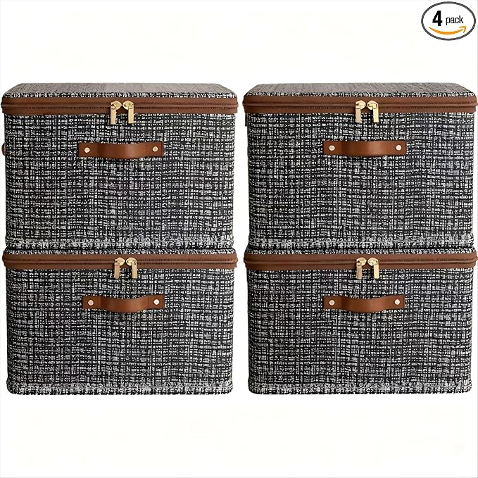 4 Pack 44.3 Quart Fabric Storage Bins with Lid, 17.7x13.8x10.2 in Stackable Closet Organizer Baskets, Foldable Polyester Cube Storage with Handles, Decorative Organizer Boxes for Shelves, Grey