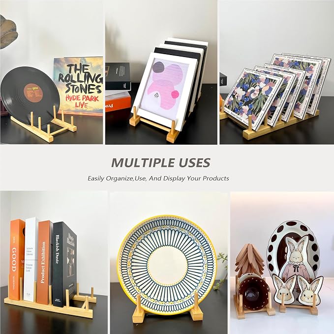 Plate Display Stands, 2 Pack 5-Slot Wooden Plate Holder Organizer | Sturdy Craft Show Display Stand for Art Prints, Book, Photo, Picture Frame, Plaque, Platter and Tabletop Decor