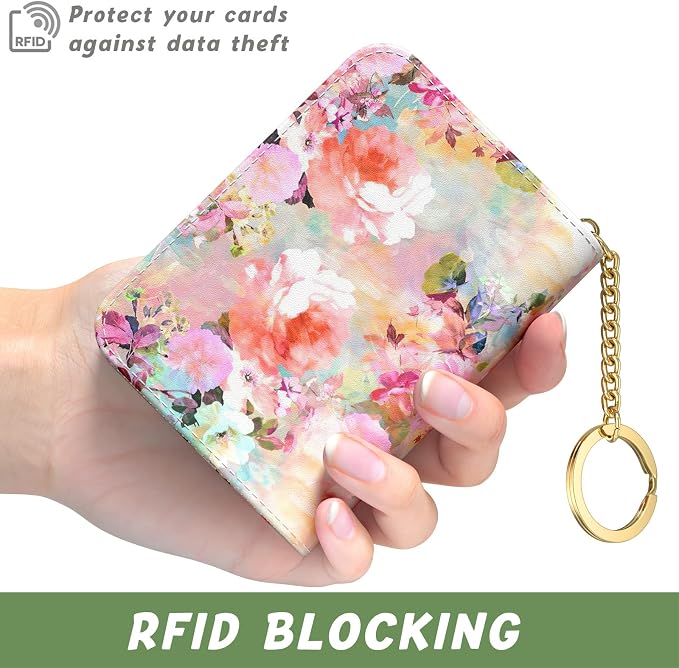 Aiawoxc Credit Card Holder for Women, Small RFID Wallet Slim Leather Card Organizer Case with Zipper Keychain, Watercolor Flower