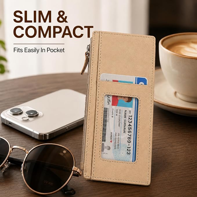 Leatherboss Genuine Leather Women's All in One Credit Business Card Case Holder Slim Zipper Wallet With a Card Protection Strap, Beige