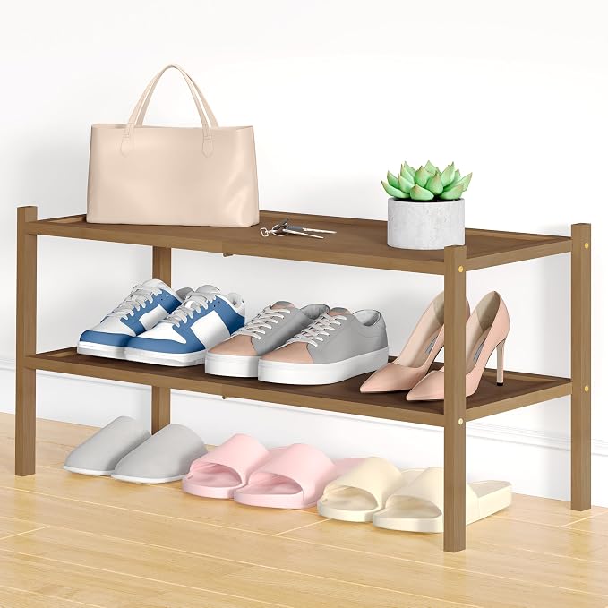 Smiry Bamboo Shoe Rack, 2 Tier Shoe Organizer for Entryway & Closet, Stackable Free Standing Storage Shelf for Shoes, Bags & Plants, Walnut