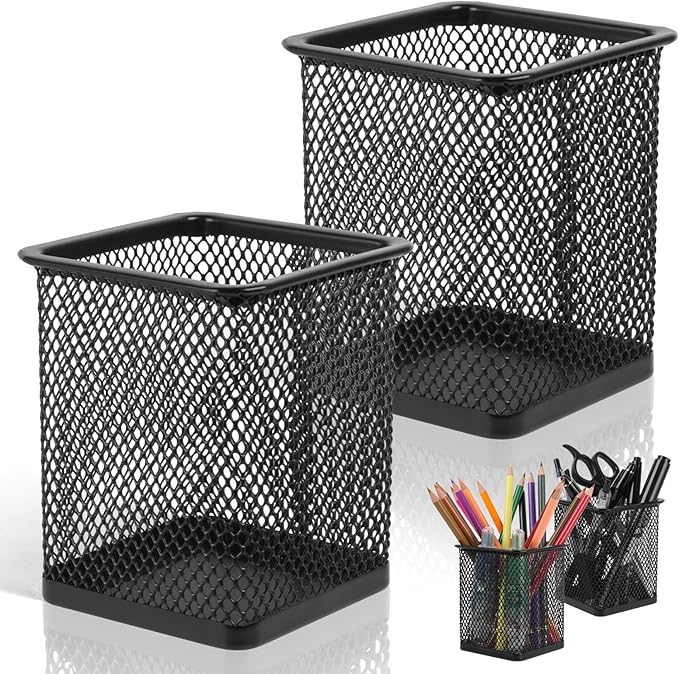 2 Pack Square Metal Pen Holder for Desk, 3.15 x 3.74 IN Pen Cups, Pencil Holder Workspace Organizers for School Office- Desk Accessories & Storage, Black