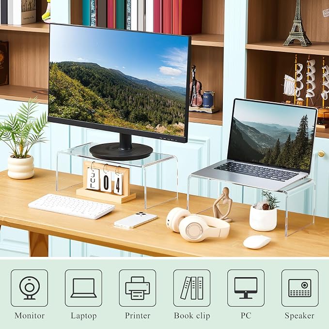 RattanView 2 Pcs 18 Inch Large Acrylic Risers Display Stands 8 mm Thick Acrylic Shelf Riser Showcase for Monitors Large Scale Figurines Trophy Shoe Stores Commercial Use (Clear)