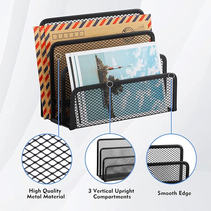 EASEPRES Desk Mail Organizer, Office Small Desktop Metal Mesh Envelope Letter Sorter Paper File Holder Organizer with 3 Vertical Upright Compartments, Black 1 Pack