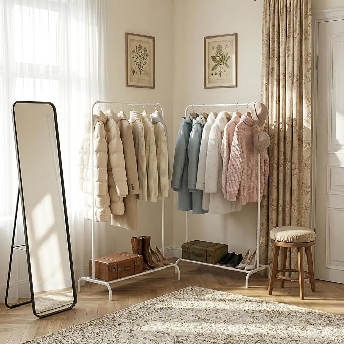 Small White Clothing Rack 2 Pack, Metal Garment Rack No Wheels, Free Standing Clothes Rack with Bottom Shelf for Hanging Clothes, Space Saving Closet Organizer for Bedroom, Laundry Room