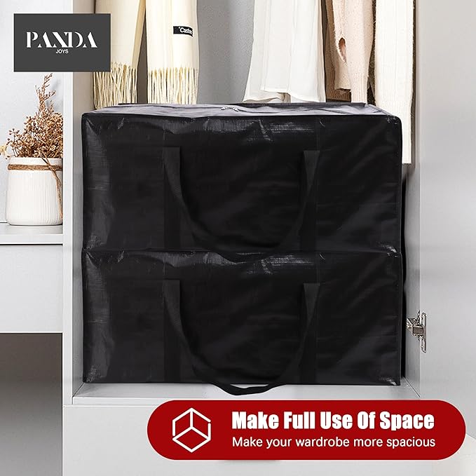 PANDA JOYS Extra Large Moving Bags with Zippers & Carrying Handles, Heavy-Duty Storage Tote for Space Saving Moving Storage, Fold Flat, Alternative to Box and Bin - 12 Pack, Black