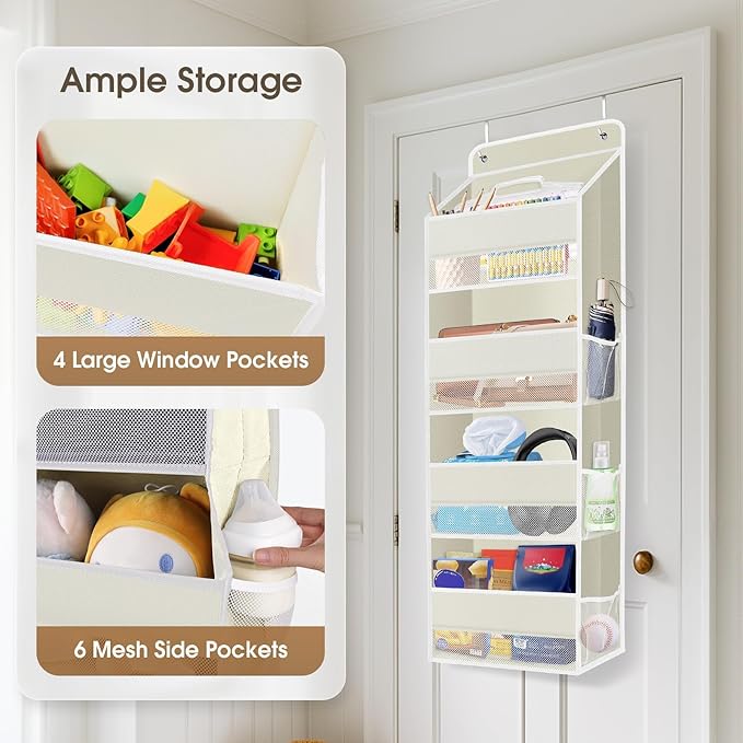 SpaceHacks 1 Pack Over The Door Organizer, Hanging Storage Organizer with Clear Window, 40lb Ultra Sturdy Large Capacity Room Organizer for Pantry Bathroom Nursery Closet Baby Essential (Beige)