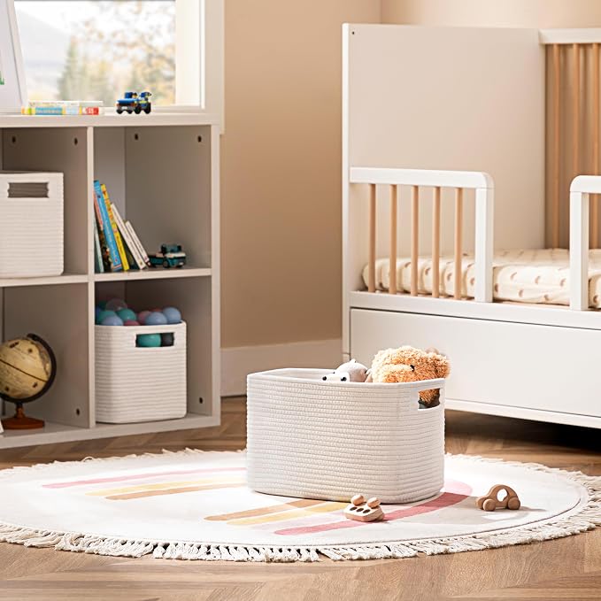 4 Pack Storage Baskets for Organizing, Shelf Baskets with Handles, White | 14.5"L x 9.8"W x 9"H, Woven Basket, Cotton Rope Basket, Toy Storage, Cube Shelf, Gift Baskets Empty, Home Decor