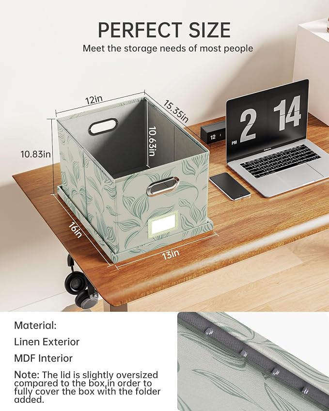 Oterri 2 Pack File Storage Organizer, Document Organizer, Portable File Box with Lid, Fit for Letter/Legal File Folder Storage,Leaf Gray-Box only
