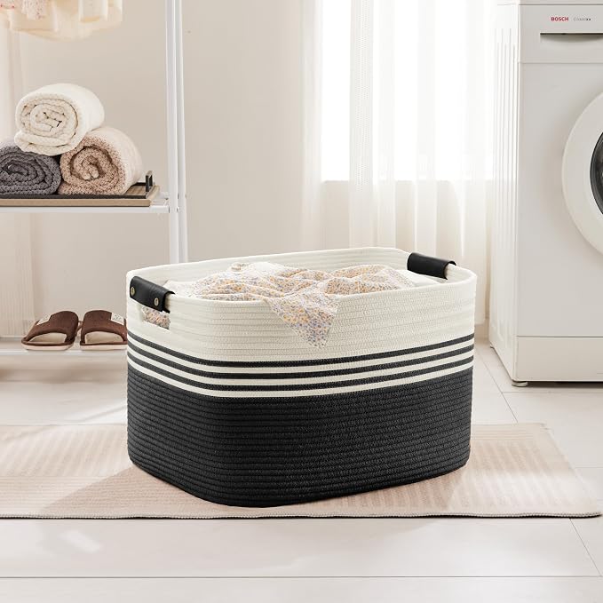 86L Large Woven Laundry Basket Hamper with Leather Handles,Black | 24"x16"x14", collapsible wicker hamper, storage for dirty clothes, toys, blankets, gifts, living room, bedroom, bathroom