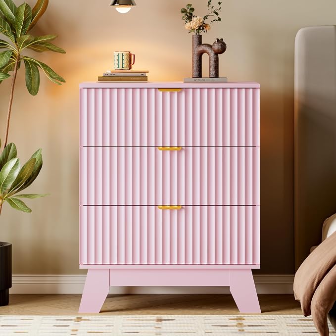 BORNOON Fluted 3 Drawer Dresser, 30.3" Tall Compact Modern Boho Chest of Drawers, Wooden Storage Cabinet for Bedroom, Living Room, Entryway, Curved Profile Design