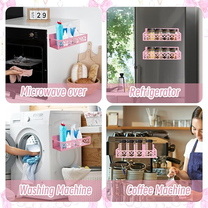 JarThenaAMCS 2Pcs Pink Bow Magnetic Spice Rack for Refrigerator Metal Basket Shelf Seasoning Storage Organizer Holder for Valentine's Day Home Kitchen Fridge Decor Accessories
