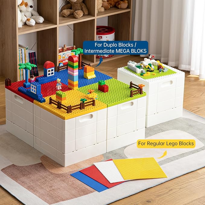 SHIMOYAMA Collapsible Storage Box with Building Baseplate Lid for Duplo Blocks, 26 Qt. Stackable Bricks Storage Bins for MEGA BLOKS, 25L Folding Utility Container for Lego Duplo Bricks, Red