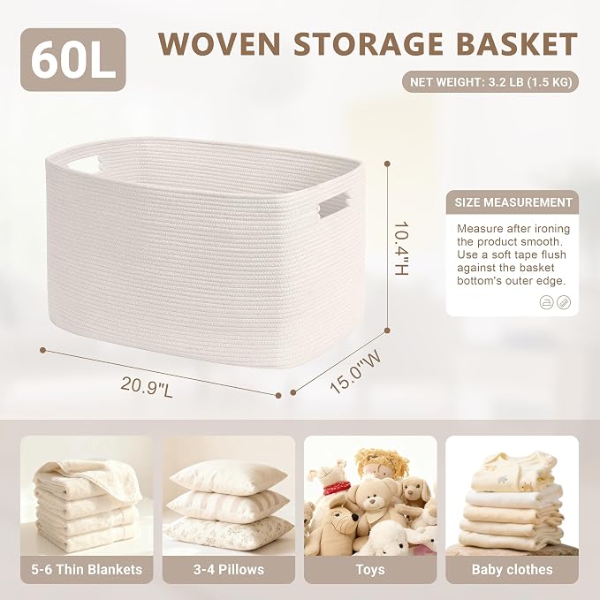 60L Woven Laundry Basket Hamper with Handles, White | 21"x15"x11", collapsible wicker hamper, storage for dirty clothes, toys, blankets, gifts, living room, bedroom, bathroom