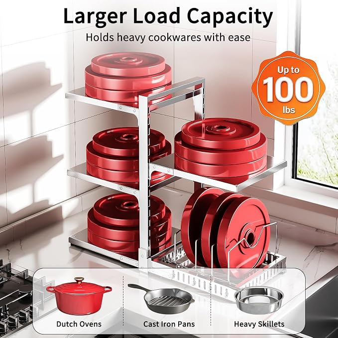 PureBox Pots and Pans Organizer Rack with Lid Holder – 8 pots, 304 Solid Stainless Steel Shelves Heavy Duty Adjustable Under Cabinet Pot Rack, Double-Sided Cabinet Organizer,Silver
