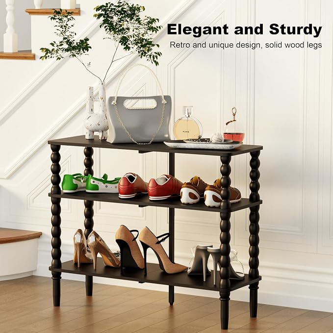 Veegle Shoe Rack,3 Tier Shoe Organizer Shelves,End Side Table,Black | Solid Wood Legs for Closet, Entryway, Garage & Corridor, Easy Assembly